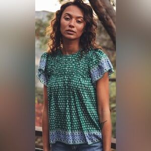Trovata Birds of Paradise Print Claudia Blouse SZ M Emerald Green Heirloom